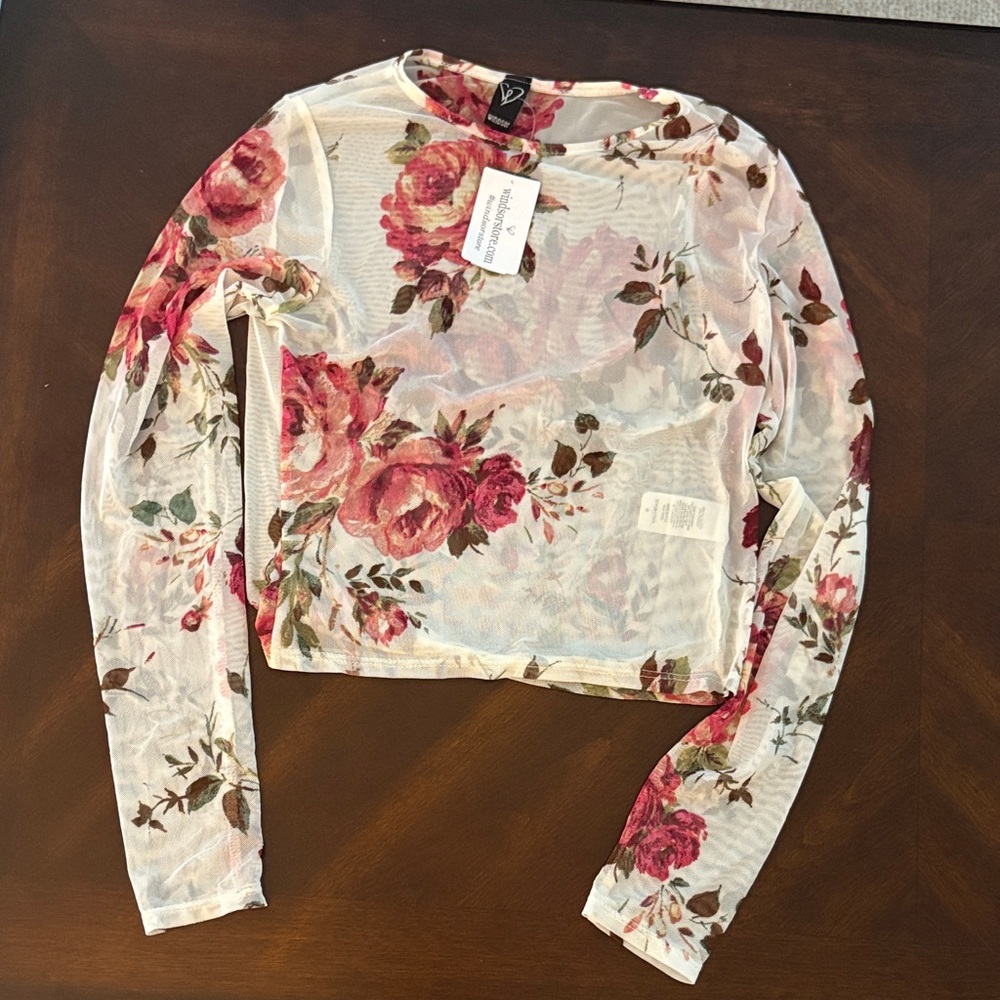 Windsor Floral Mesh Long Sleeve Crop Top - Cream and Red